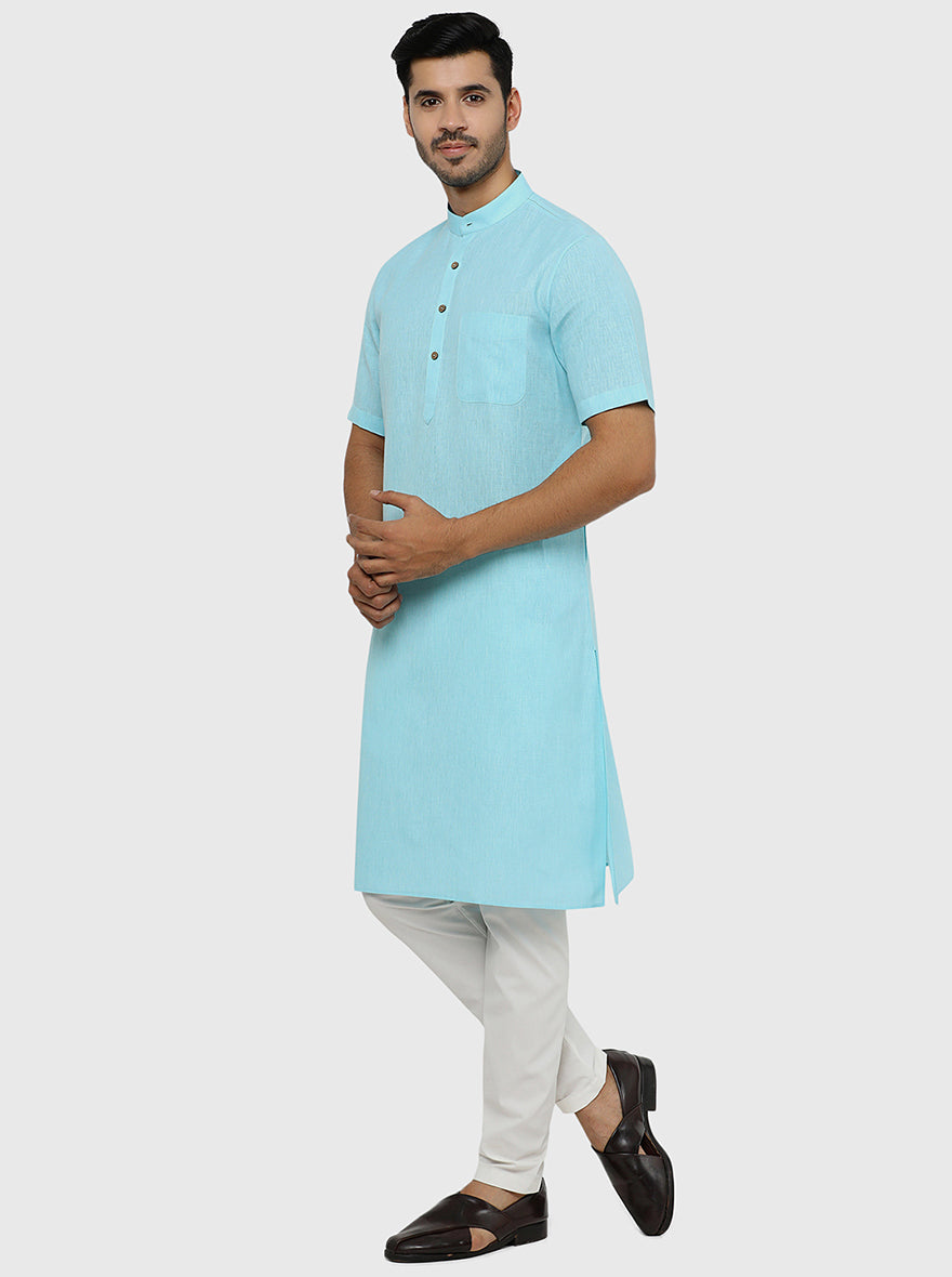 Sky Blue Self Textured Regular Fit Modi Kurta | JadeBlue