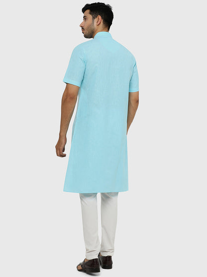 Sky Blue Self Textured Regular Fit Modi Kurta | JadeBlue