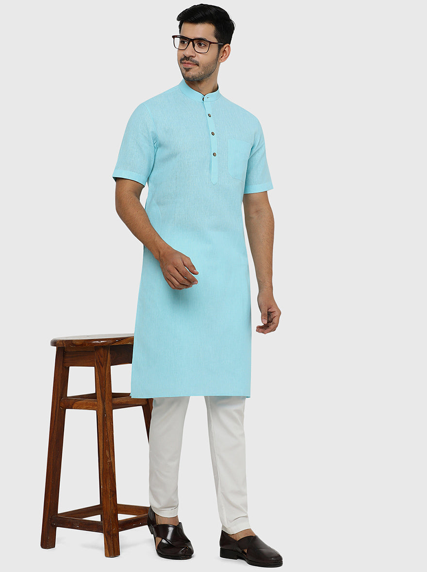 Sky Blue Self Textured Regular Fit Modi Kurta | JadeBlue