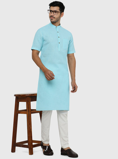 Sky Blue Self Textured Regular Fit Modi Kurta | JadeBlue