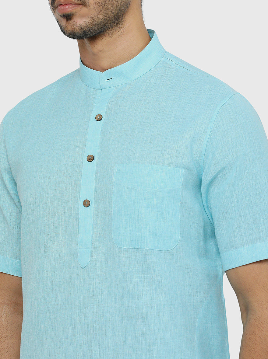 Sky Blue Self Textured Regular Fit Modi Kurta | JadeBlue