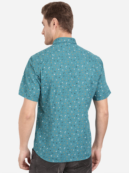 Teal Blue Printed Slim Fit Casual Shirt | Greenfibre