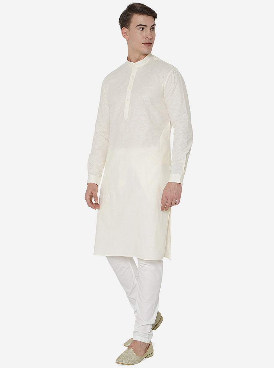 Cream Self Textured Regular Fit Modi Kurta | JadeBlue