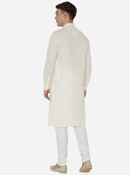 Cream Self Textured Regular Fit Modi Kurta | JadeBlue