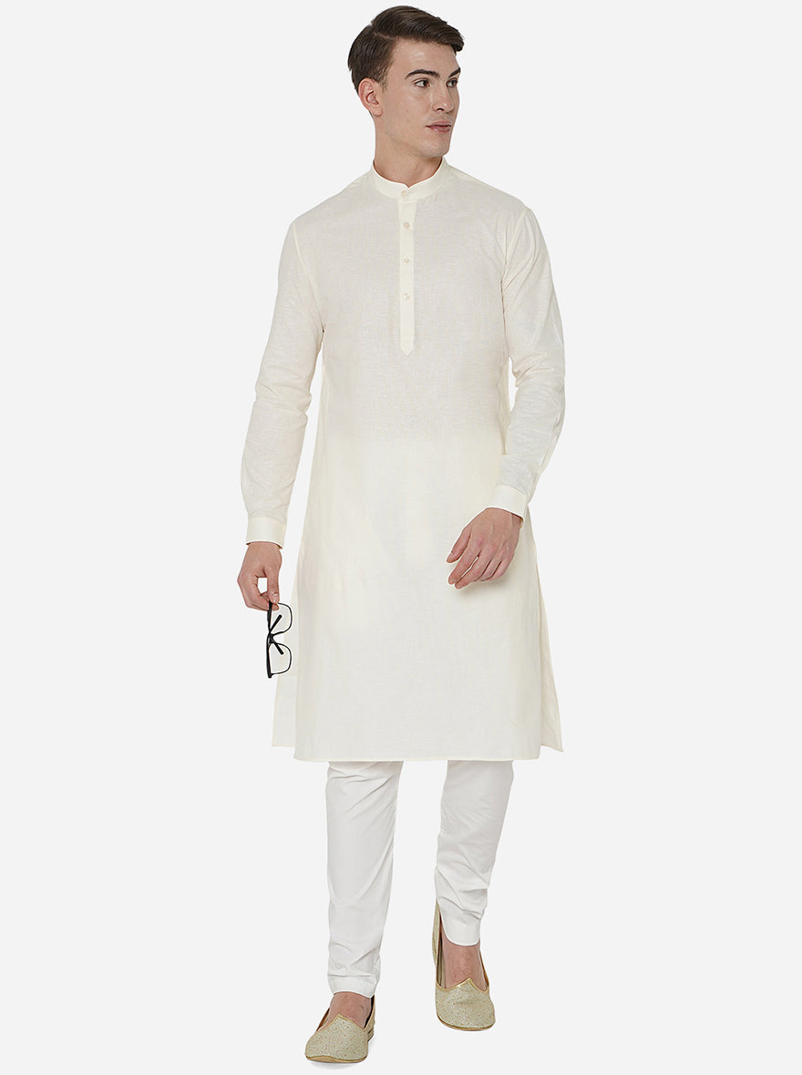 Cream Self Textured Regular Fit Modi Kurta | JadeBlue