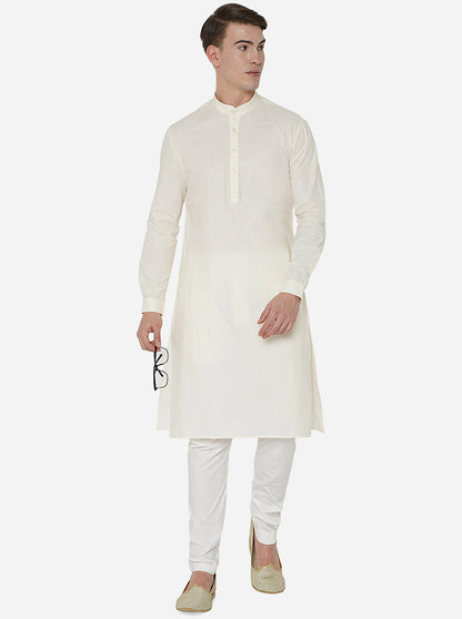 Cream Self Textured Regular Fit Modi Kurta | JadeBlue