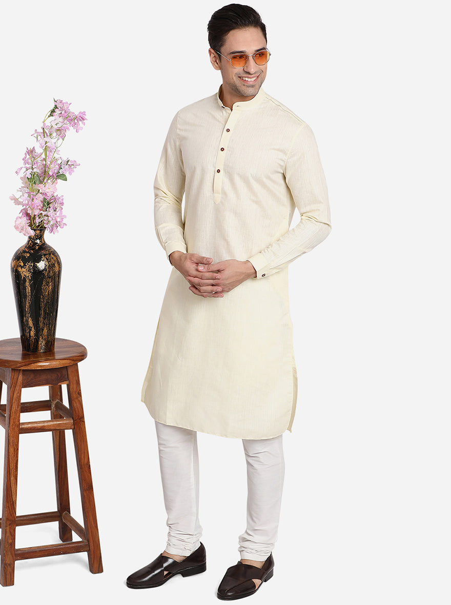 Cream Solid Regular Fit Modi Kurta | JadeBlue