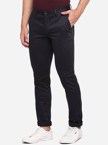 Navy Blue Solid Super Slim Fit Casual Trouser | Greenfibre