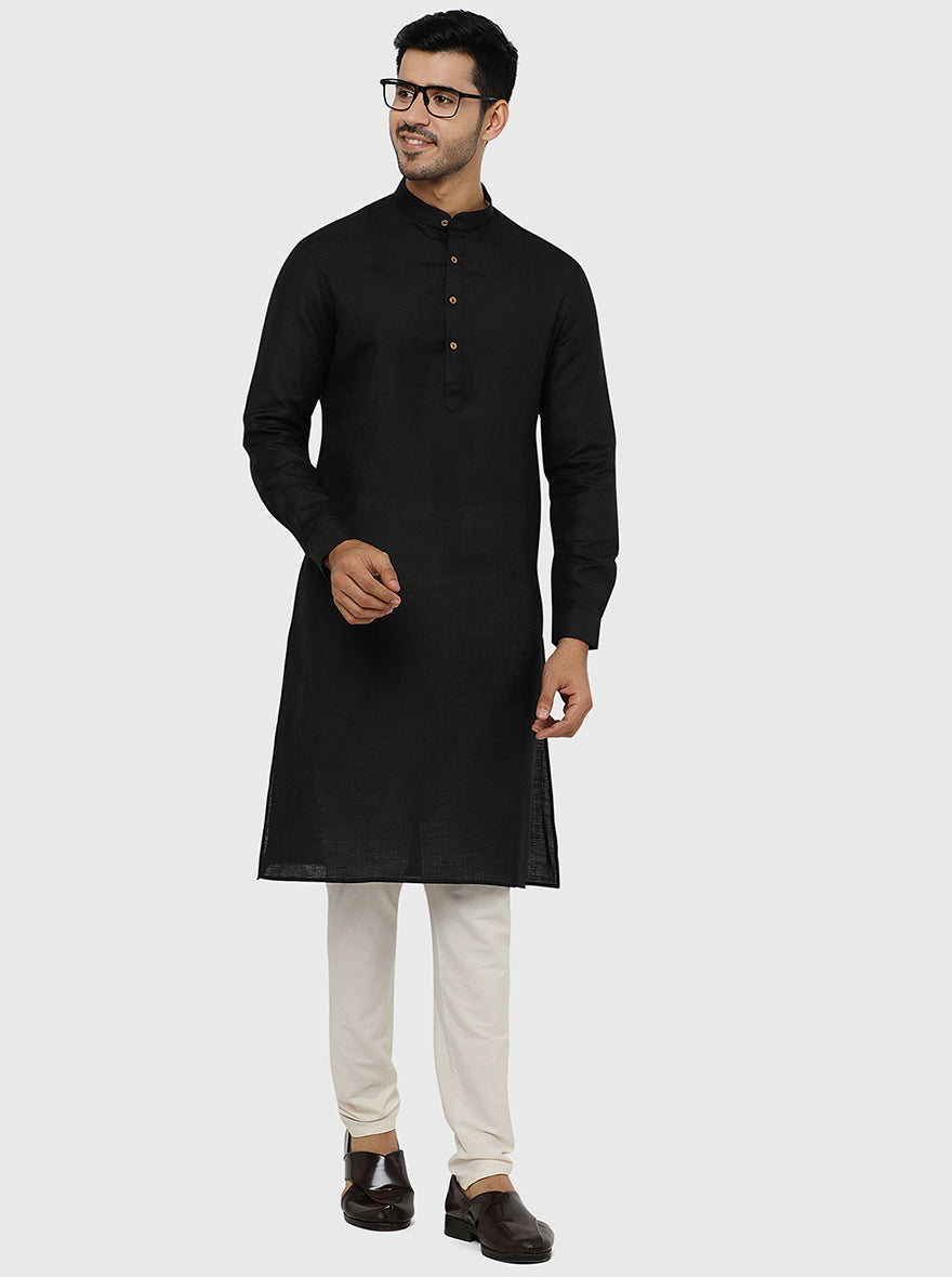 Black Solid Regular Fit Modi Kurta | JadeBlue