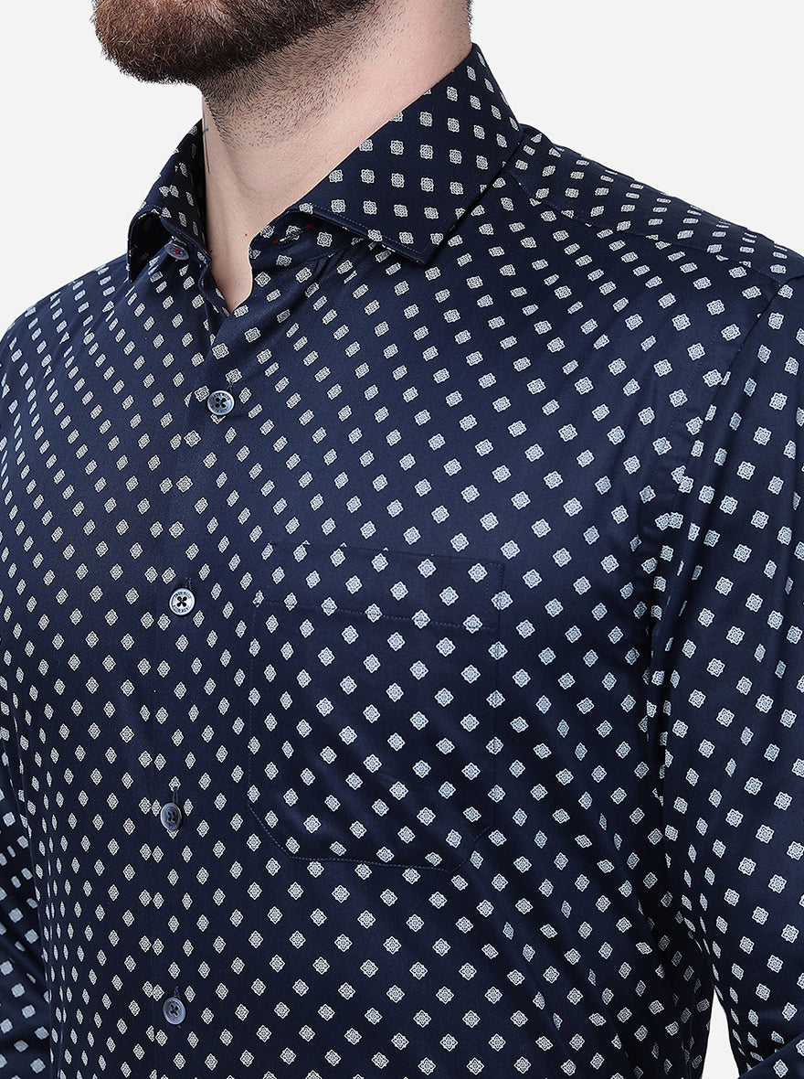 Navy Blue Printed Regular Fit Formal Shirt | JadeBlue