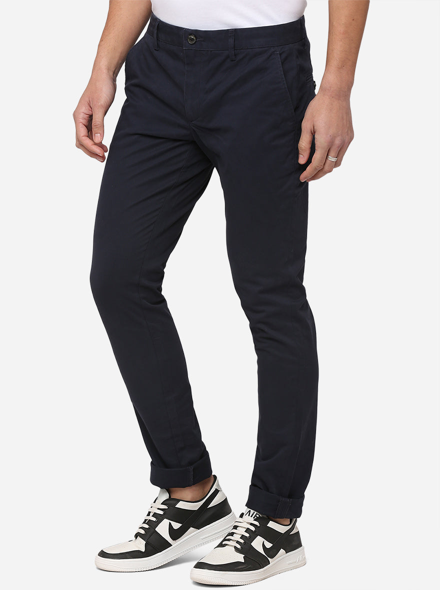 Navy Blue Solid Slim Fit Casual Trouser | JadeBlue
