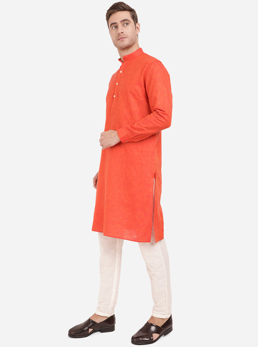 Rust Self Textured Regular Fit Modi Kurta | JadeBlue