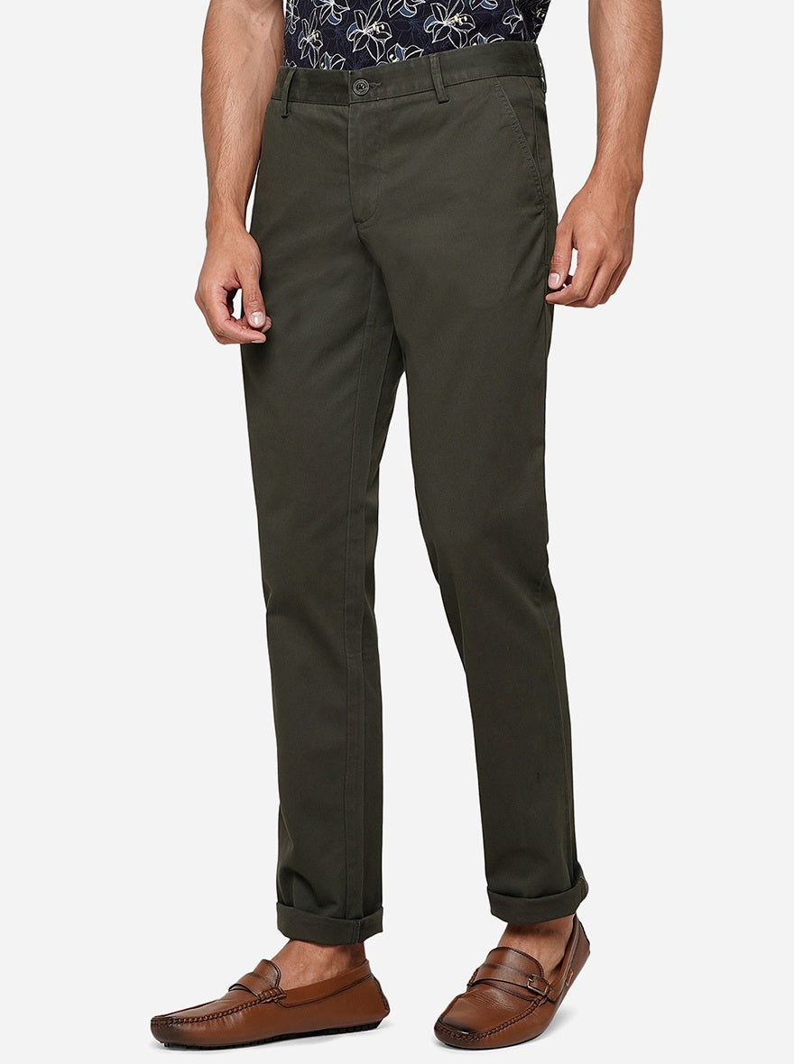 Dark Olive Solid Uno Fit Casual Trouser | JadeBlue
