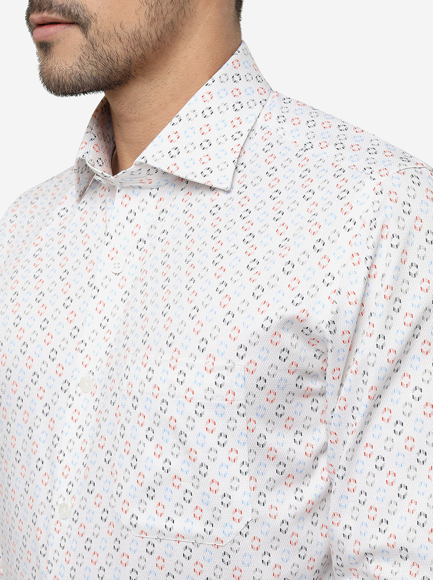 White Printed Slim Fit Formal Shirt | Metal