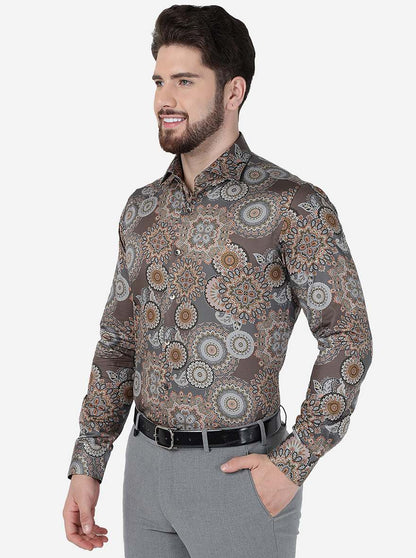Brown Printed Slim Fit Party Wear Shirt | Wyre