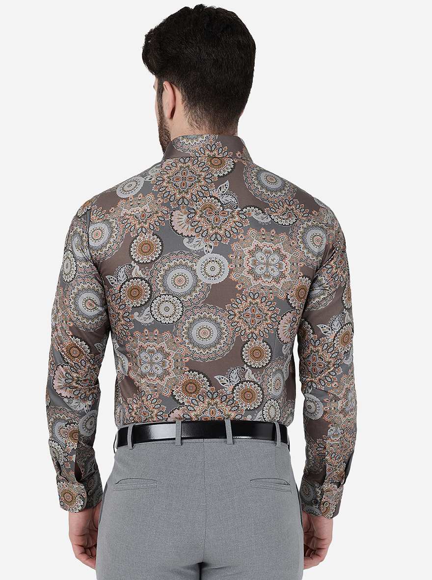 Brown Printed Slim Fit Party Wear Shirt | Wyre