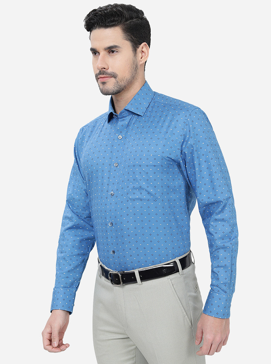 Blue Printed Regular Fit Formal Shirt | JadeBlue