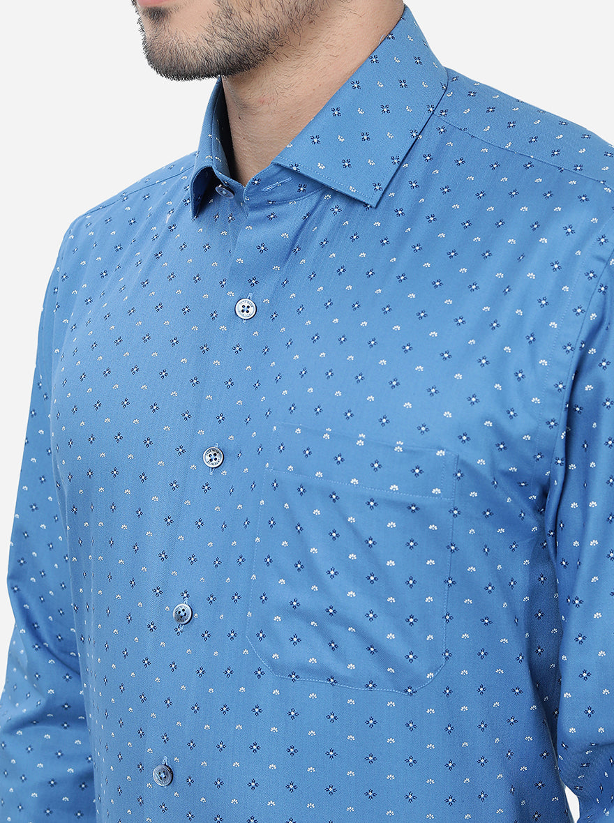 Blue Printed Regular Fit Formal Shirt | JadeBlue