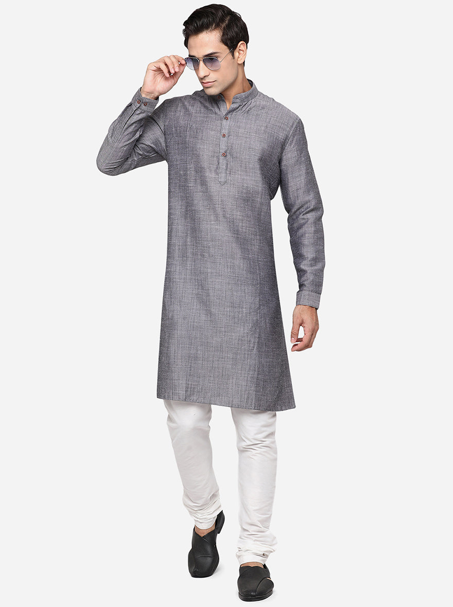 Grey Self Design Regular Fit Modi Kurta | Modi Kurta