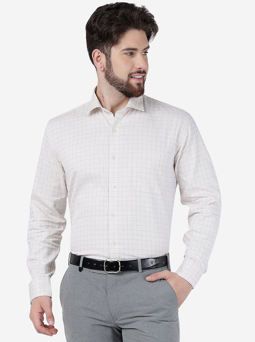 Cream Checked Regular Fit Formal Shirt | JadeBlue