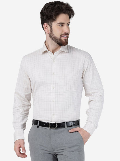 Cream Checked Regular Fit Formal Shirt | JadeBlue