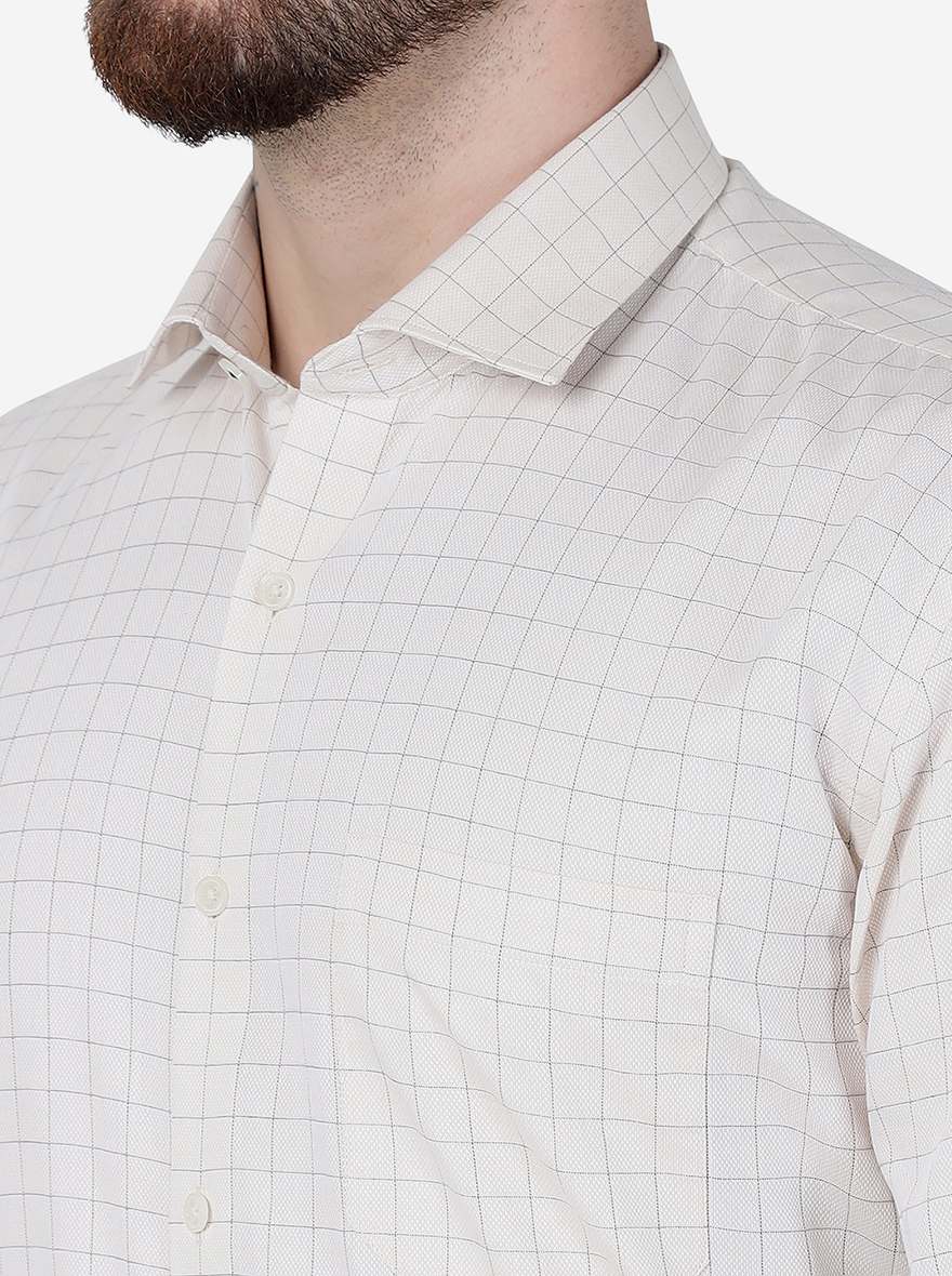 Cream Checked Regular Fit Formal Shirt | JadeBlue