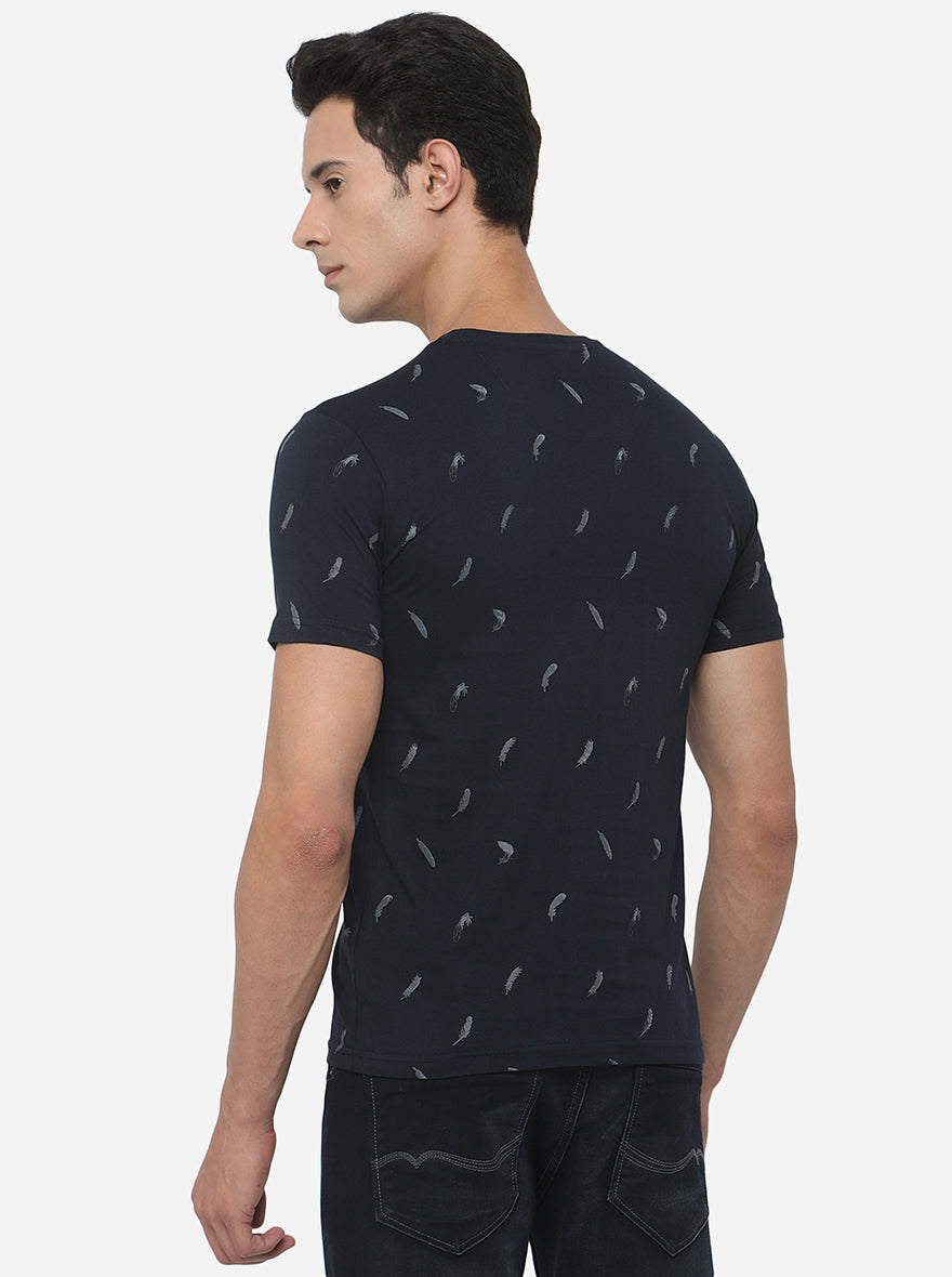 Dark Blue Printed Slim Fit T-Shirt | Greenfibre