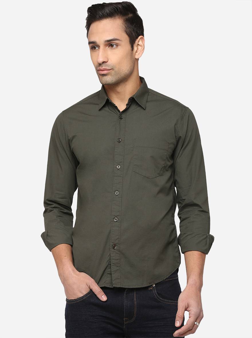 Dark Grey Solid Slim Fit Semi Casual Shirt | Greenfibre
