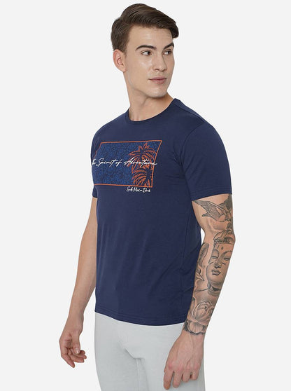 Navy Blue Printed Slim Fit T-Shirt | JadeBlue
