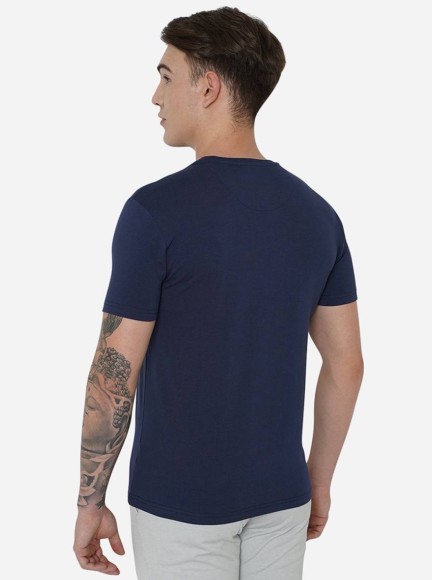 Navy Blue Printed Slim Fit T-Shirt | JadeBlue