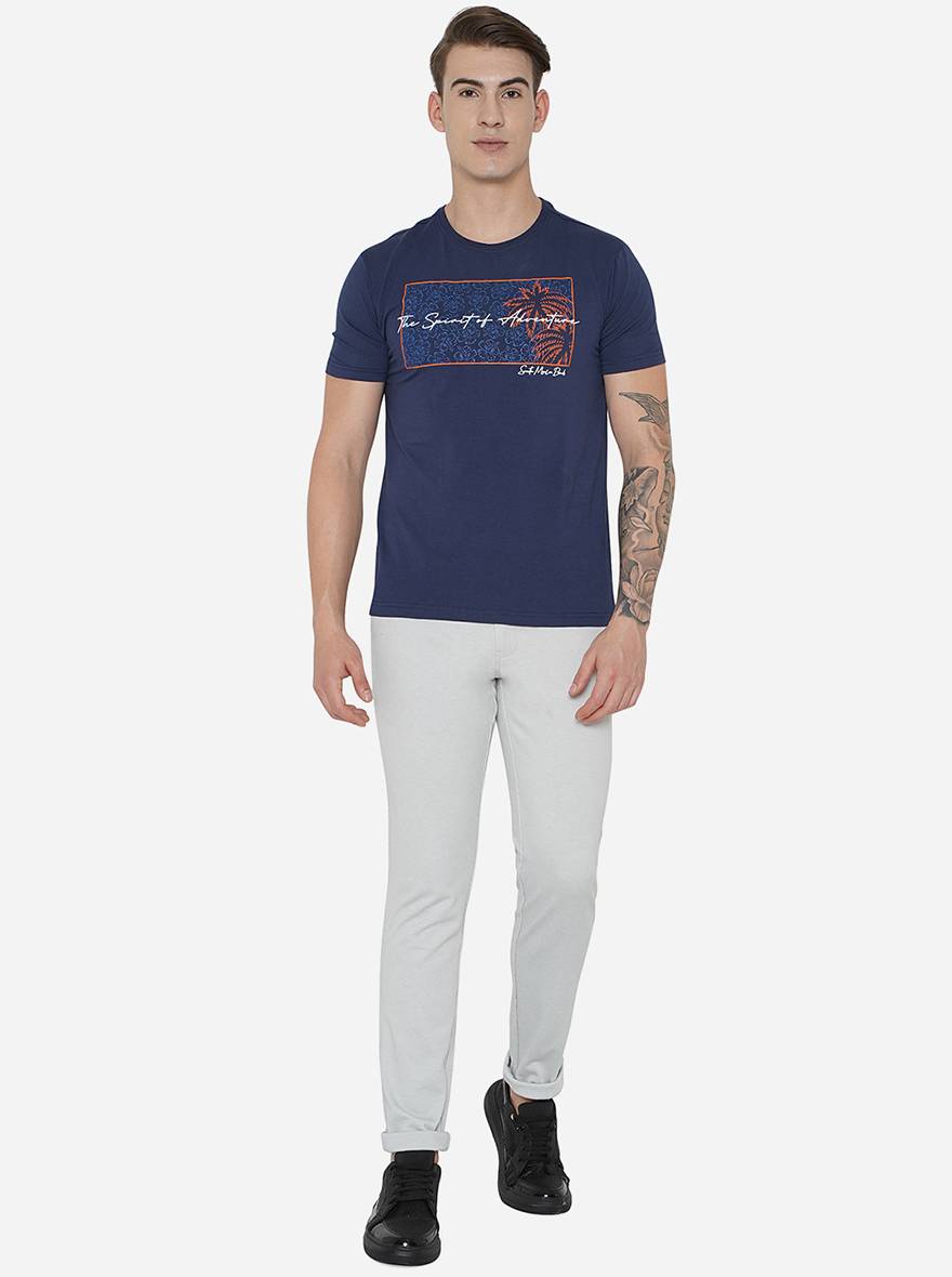 Navy Blue Printed Slim Fit T-Shirt | JadeBlue