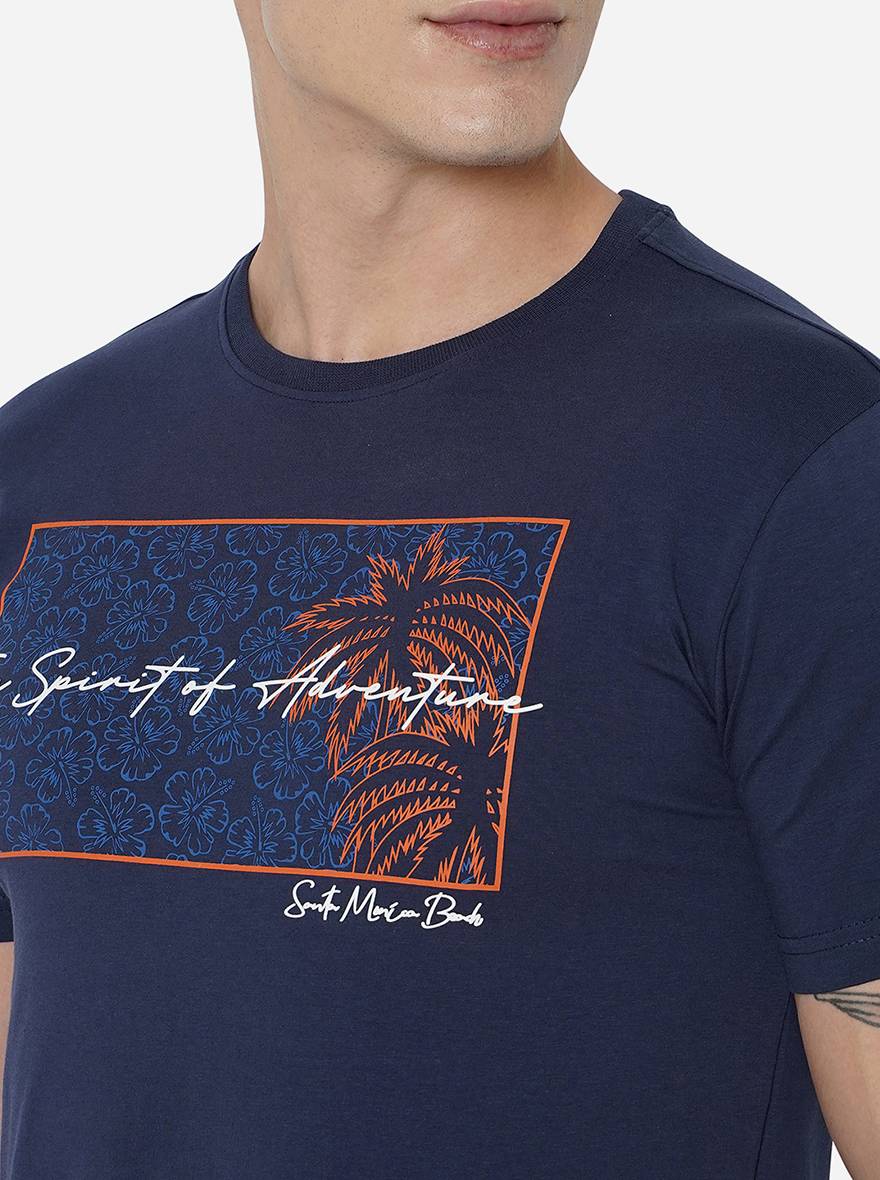 Navy Blue Printed Slim Fit T-Shirt | JadeBlue