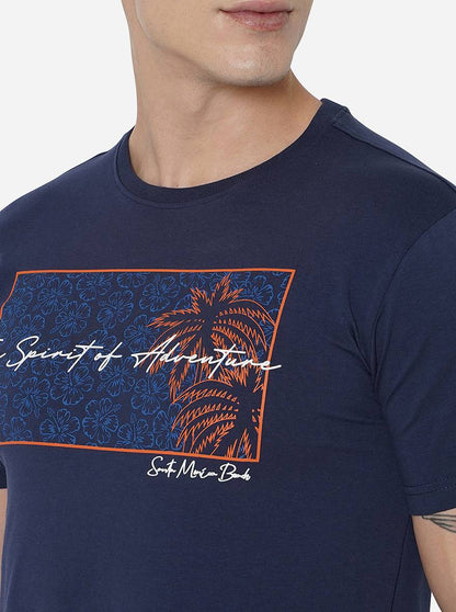Navy Blue Printed Slim Fit T-Shirt | JadeBlue