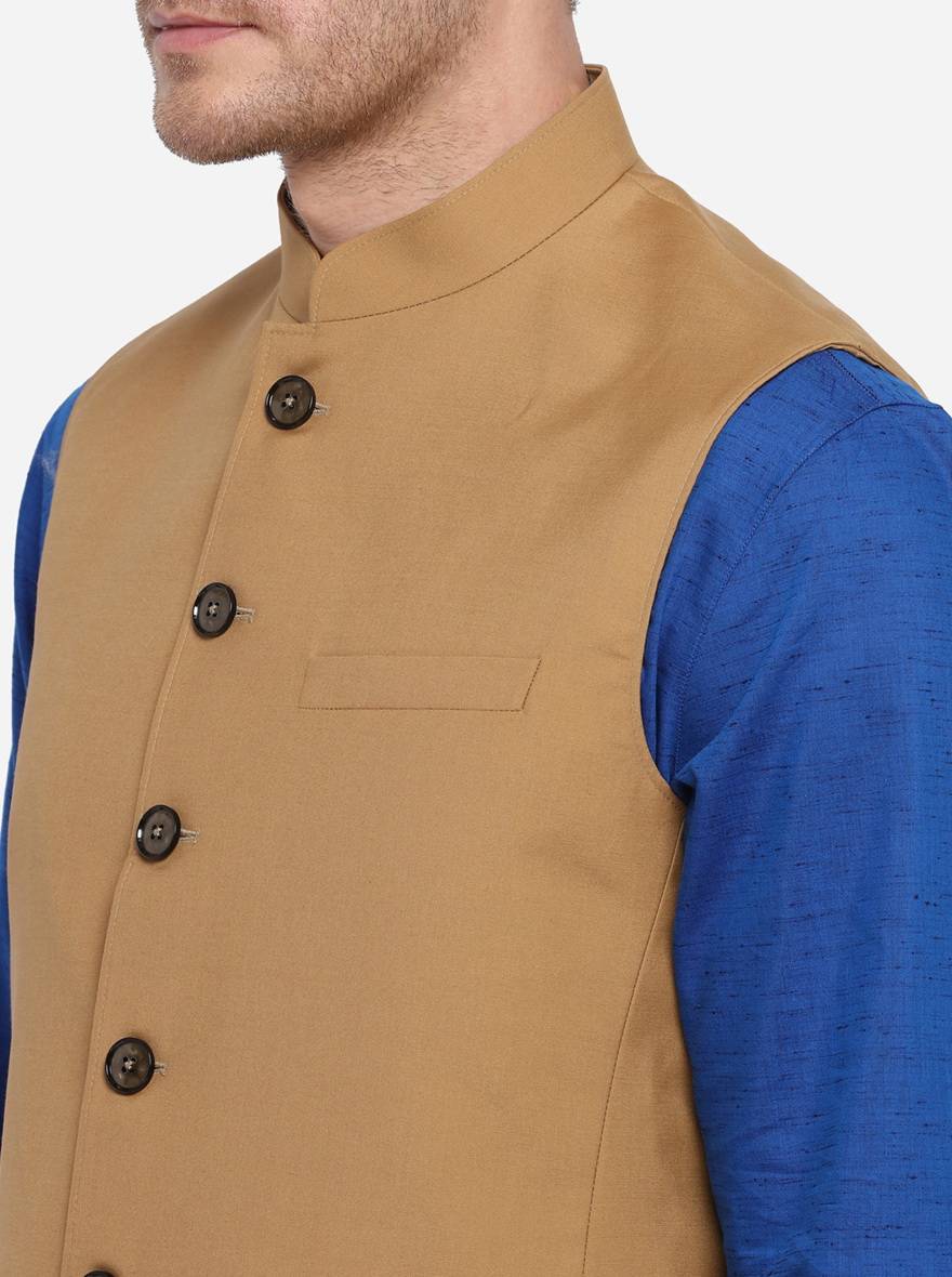 Whiskey Brown Textured Premium Wool-Blend Nehru-Jackets For Men