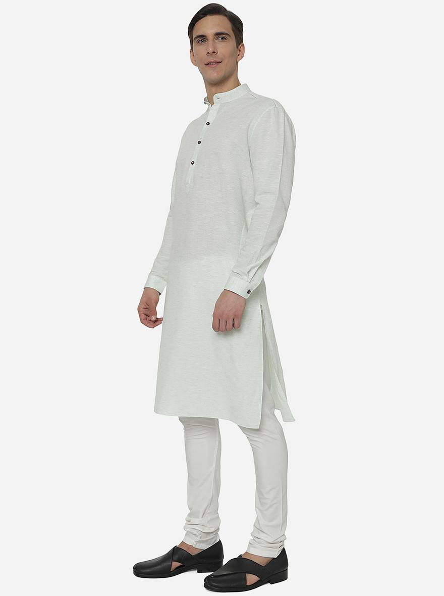 Green Self Textured Regular Fit Modi Kurta | JadeBlue