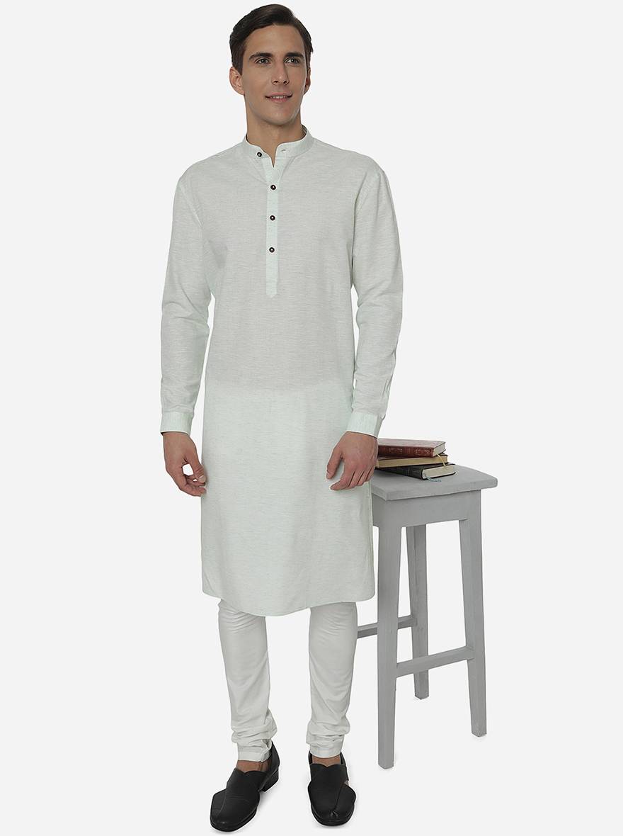 Green Self Textured Regular Fit Modi Kurta | JadeBlue