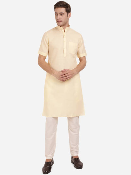 Light Yellow Self Textured Regular Fit Modi Kurta | JadeBlue