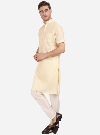 Light Yellow Self Textured Regular Fit Modi Kurta | JadeBlue