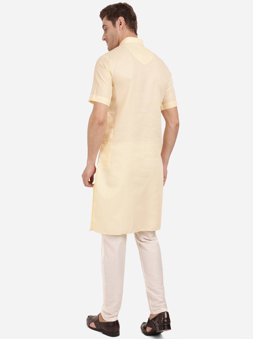 Light Yellow Self Textured Regular Fit Modi Kurta | JadeBlue