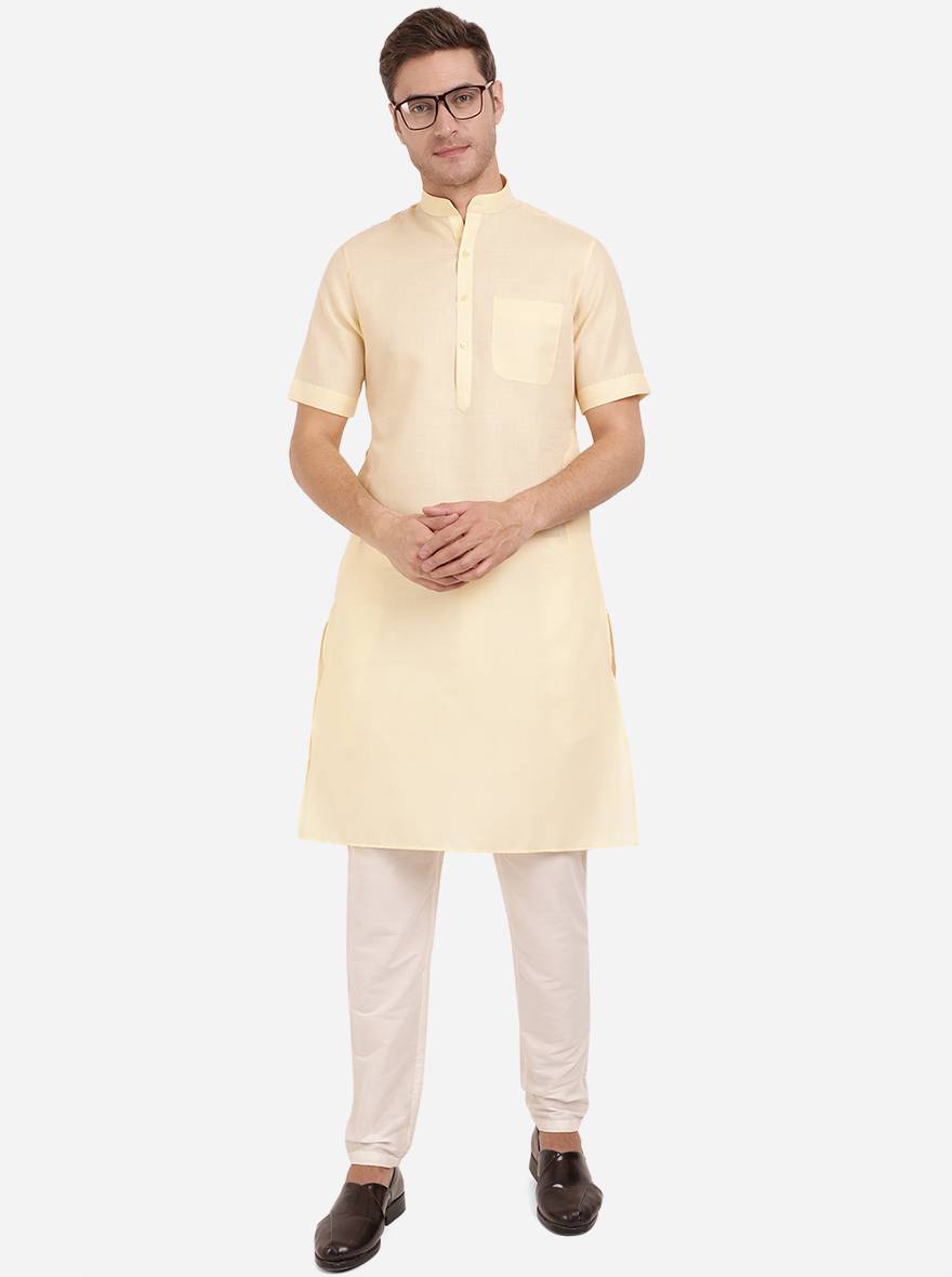 Light Yellow Self Textured Regular Fit Modi Kurta | JadeBlue