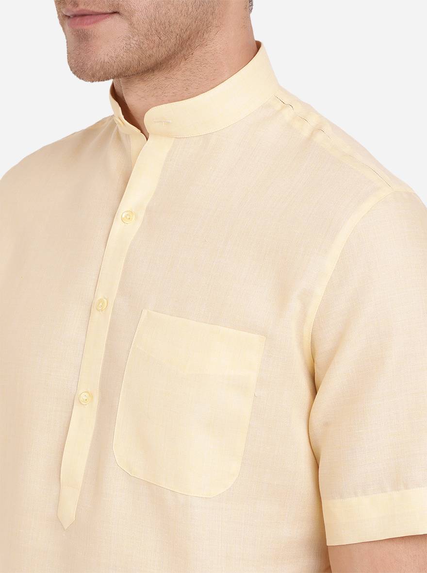 Light Yellow Self Textured Regular Fit Modi Kurta | JadeBlue