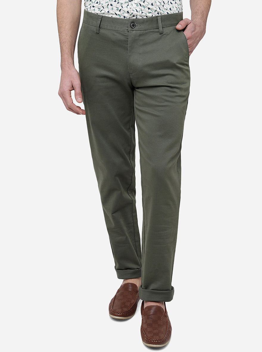 Olive Solid Uno Fit Casual Trouser | JadeBlue