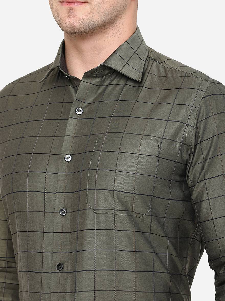 Dark Green Checked Slim Fit Formal Shirt | Metal