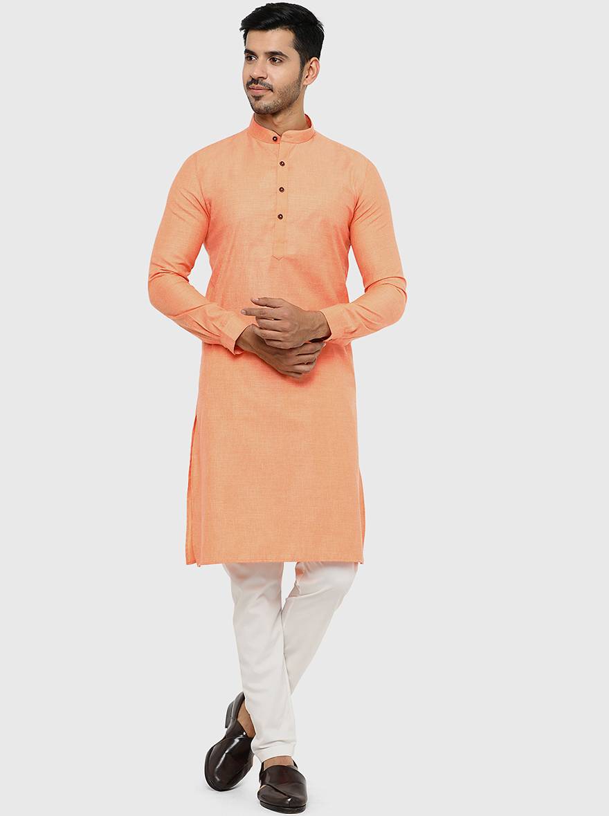 Light Orange Self Textured Regular Fit Modi Kurta | JadeBlue