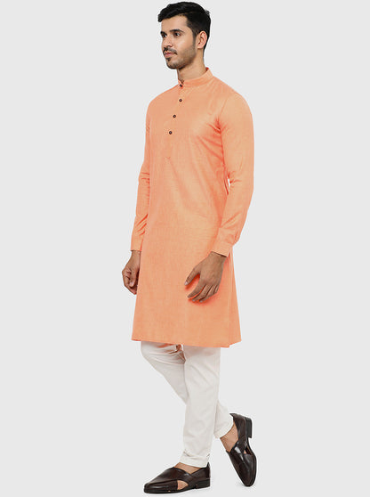Light Orange Self Textured Regular Fit Modi Kurta | JadeBlue