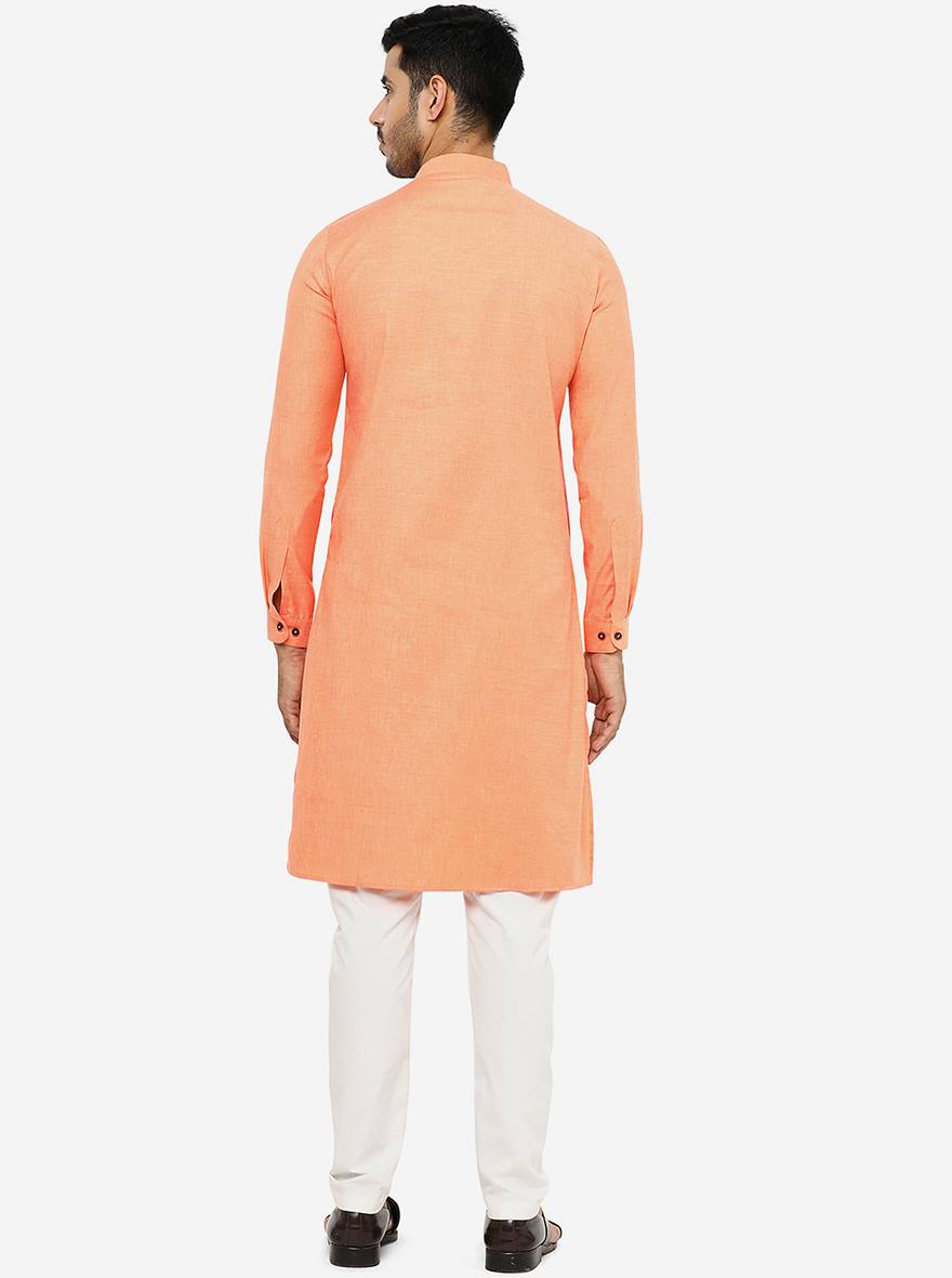 Light Orange Self Textured Regular Fit Modi Kurta | JadeBlue