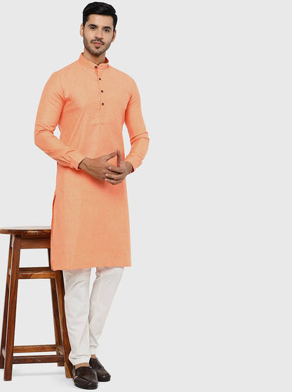 Light Orange Self Textured Regular Fit Modi Kurta | JadeBlue