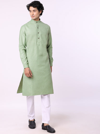 Light Green Self Textured Modi Kurta | JadeBlue