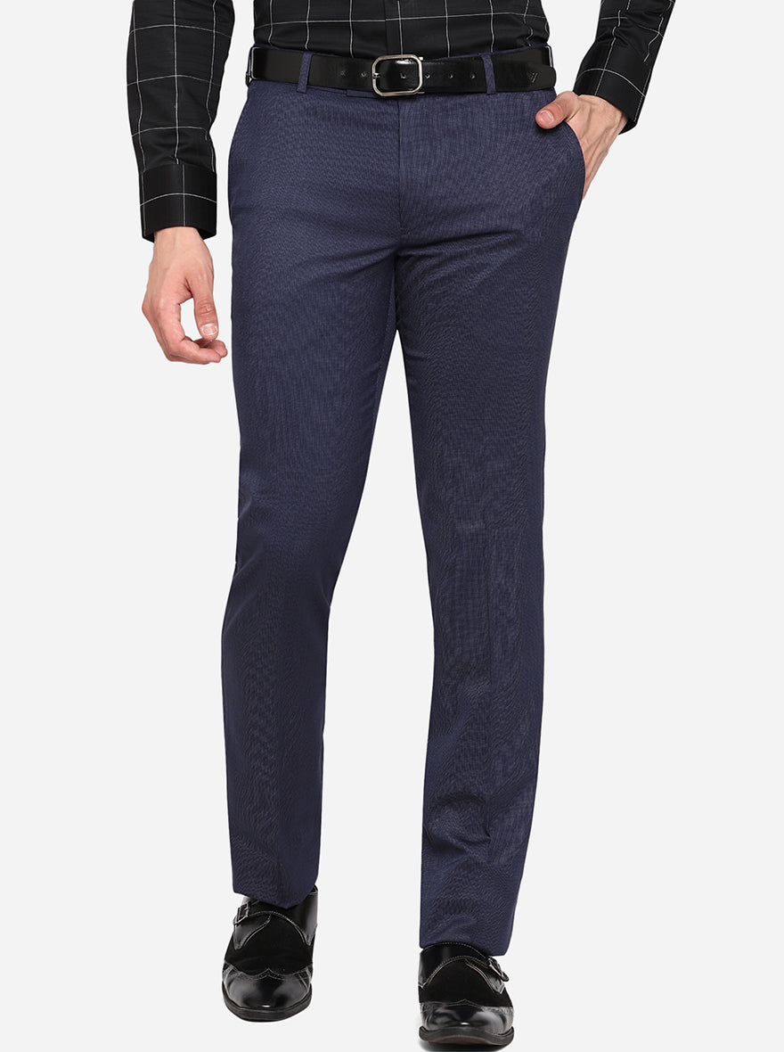 Navy Blue Solid Slim Fit Formal Trouser | JB Studio