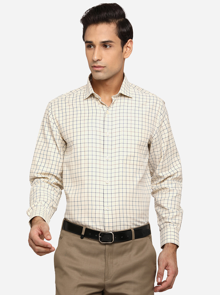 Cream & Blue Checked Regular Fit Formal Shirt | Greenfibre